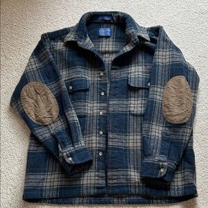 Vintage Pendleton Navy Plaid Shirt with Brown Elbow Patches, size Medium